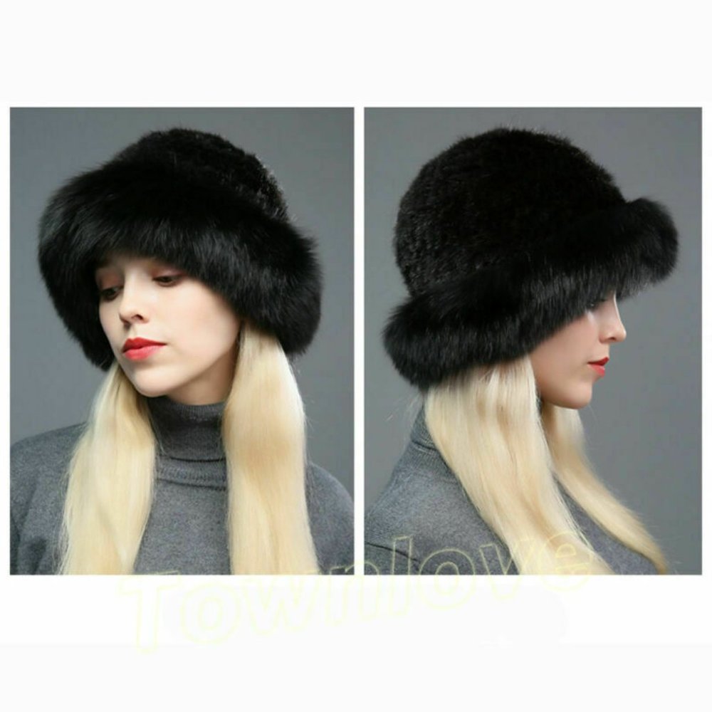 NWT Black Knitted real FOX Fur Trimmed FUR Hat- Stunning! one left!!!!